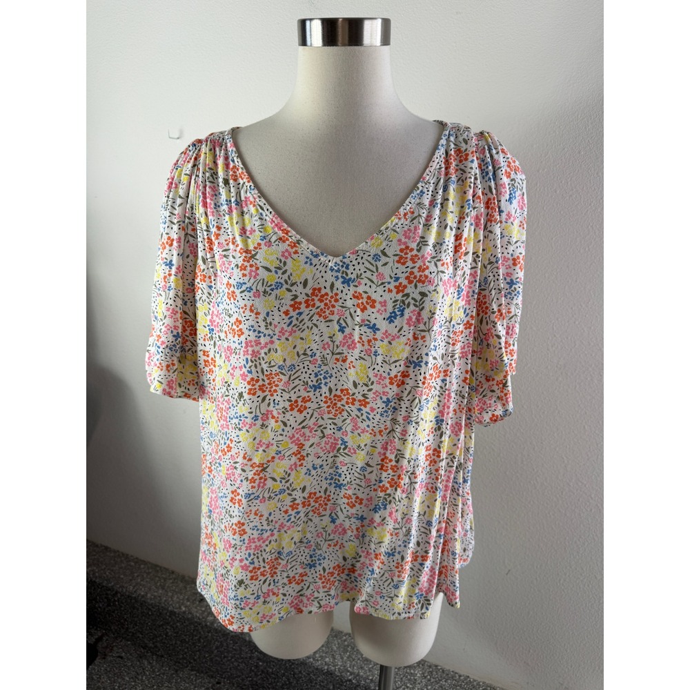 LOFT Womens Plus XXL Short Sleeve Floral V Neck Blouse White Multi Color Top
